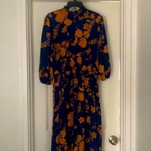 Navy & Rust Orange Turtleneck Peep Hole Back Hi Lo dress with 3/4 Sleeves